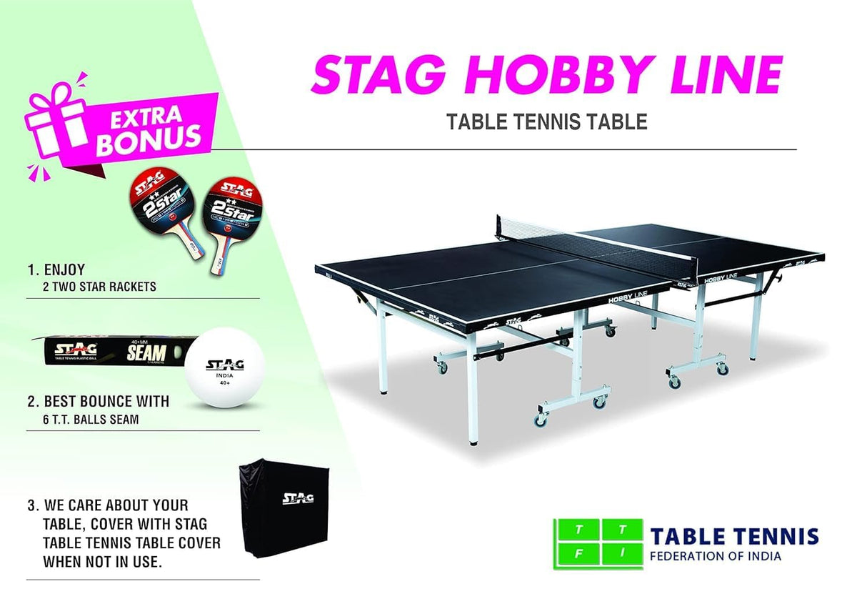 STAG GLOBAL Hobby Line 19mm Full-Size Table Tennis Table with 2 TT Rackets, 6 Balls, 1 Table Cover & Clamp Net