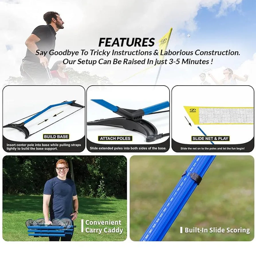 COUGAR Smart Badminton Net Set with 2 White Shuttlecocks & 4 Racket || Portable Adjustable Outdoor Foldable Stand Pole 