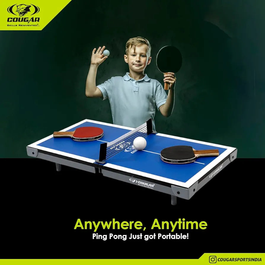 COUGAR Hero Mini Table Tennis Table | Indoor Ping Pong Mini Table for Kids Fun Play | Included - TT Rackets and Balls | Briefcase Size Foldable Design-Blue