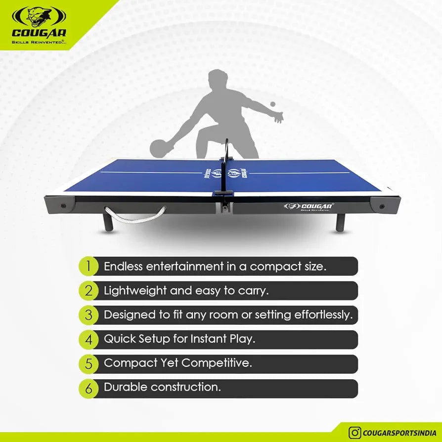 COUGAR Hero Mini Table Tennis Table | Indoor Ping Pong Mini Table for Kids Fun Play | Included - TT Rackets and Balls | Briefcase Size Foldable Design-Blue