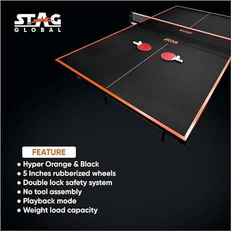STAG GLOBAL Flex Table Tennis Table Black Top, Thickness 16mm with 2 TT Rackets, 6 Balls, 1 Table Cover & Clamp Net