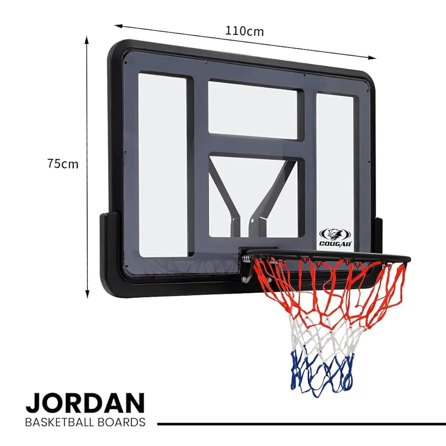 COUGAR Jordan Basketball Backboard 110x75 cm | Wall Mount Shatterproof Acrylic Board with 16mm Steel Ring 45 cm Dia and Net for Outdoor Court Practice and Home Use
