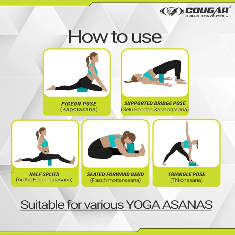 COUGAR Yoga Block | Yoga Brick Set of 1, High Density Premium EVA Foam Material, Odour Resistant, Soft Surface for balance, support & performance