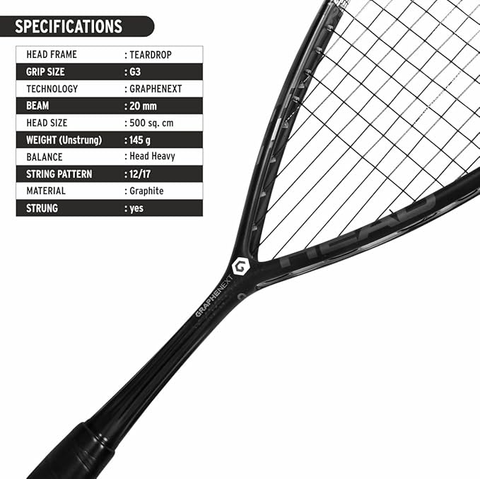HEAD Graphene XT Hurricane 123 Squash Racquet, Colour - Black (Strung) | Kibi Sports