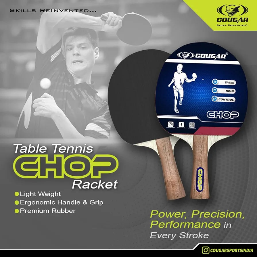 COUGAR CHOP Table Tennis Racket with 1 Ball | Wooden Handle Paddle with High Grip Rubber | Control Spin Speed Play | Ideal for Beginner Practice Indoor Outdoor Ping Pong Game