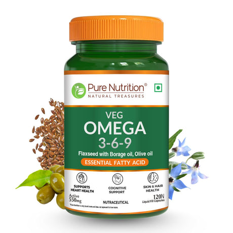 Veg Omega 3-6-9 Capsules  120 Count | Flaxseed & Sea Buckthorn - Nutrition by Pure Nutrition