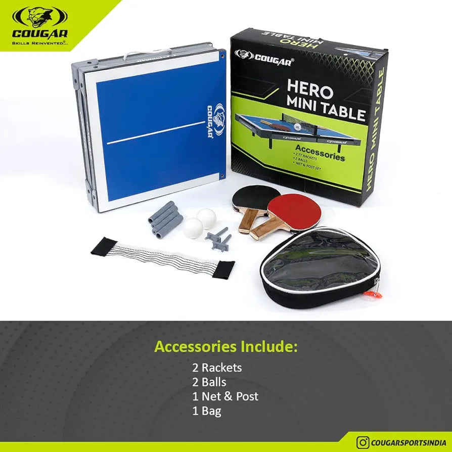 COUGAR Hero Mini Table Tennis Table | Indoor Ping Pong Mini Table for Kids Fun Play | Included - TT Rackets and Balls | Briefcase Size Foldable Design-Blue