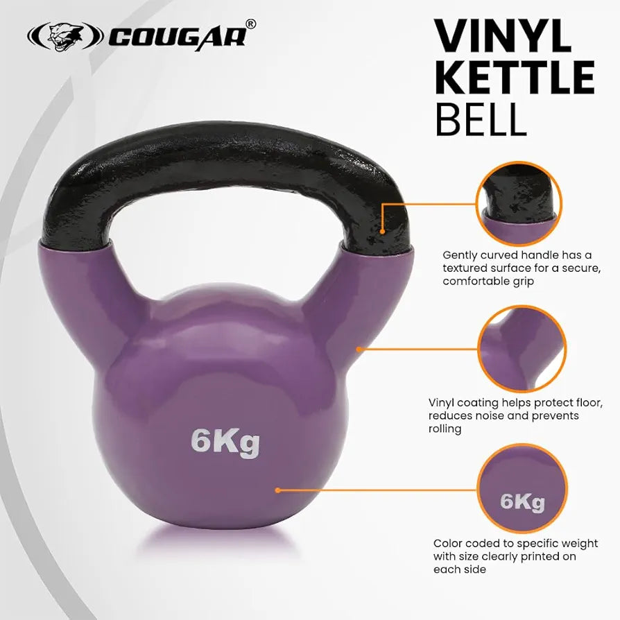 COUGAR 6 kg Vinyl Kettlebell for Home Gym and Strength Training – PVC Coated Cast Iron with Wide Grip Handle – Floor Safe Weight for Workouts and Fitness