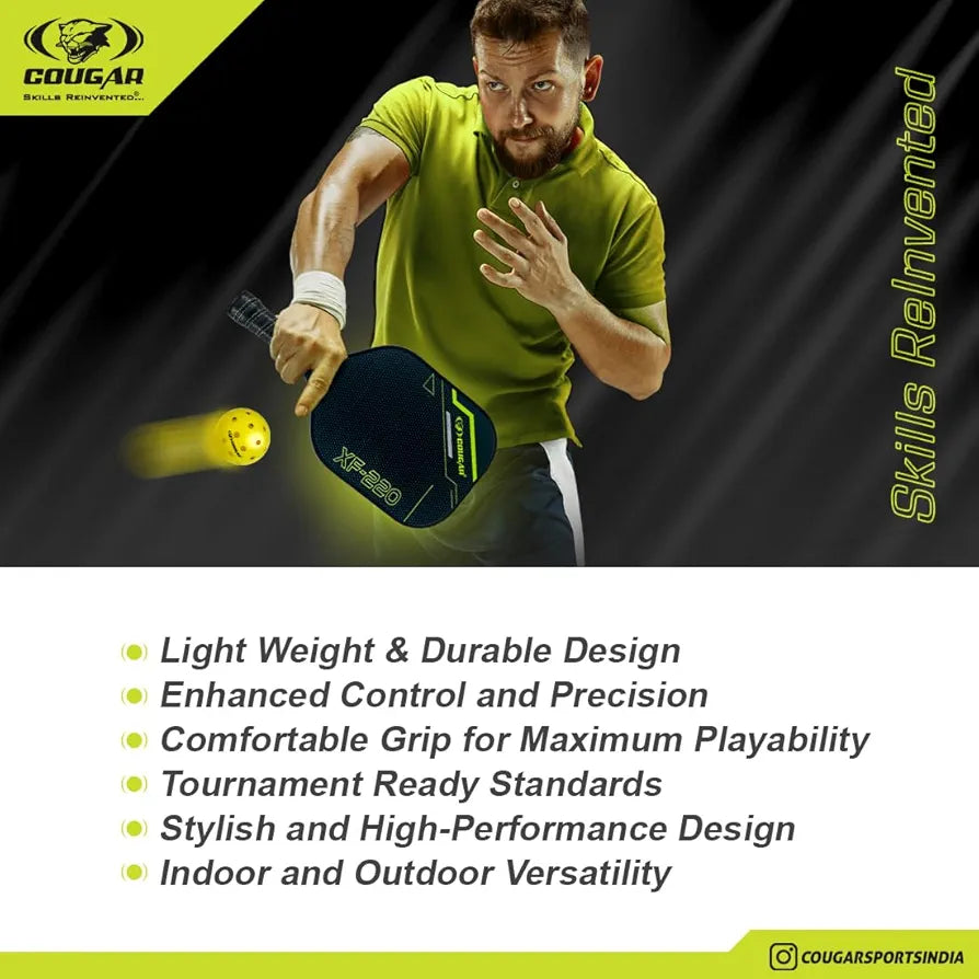 COUGAR Pickleball Paddle top grade Glass Fiber Surface Polypropylene Honeycomb Core, 15 mm Thickness, Premium Grip, 225g, 2 Pickle Ball & 2 Paddle, Cover Bag Outdoor Game Kit for Kids & Adults