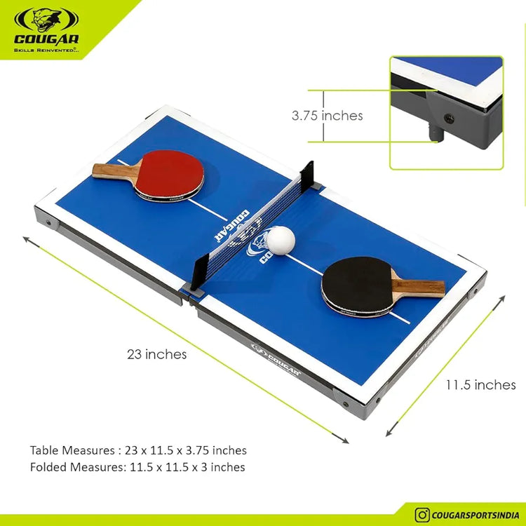 COUGAR Hero Mini Table Tennis Table | Indoor Ping Pong Mini Table for Kids Fun Play | Included - TT Rackets and Balls | Briefcase Size Foldable Design-Blue