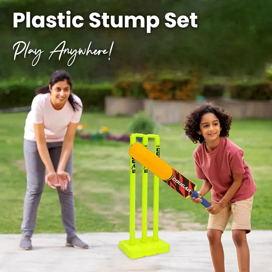 COUGAR Plastic Cricket Stumps Set - 3 Stumps 2 Bails 1 Stand  Cricket Standard Wickets for Cricket Ground, Match, Tournament Stump with Stand & Bails