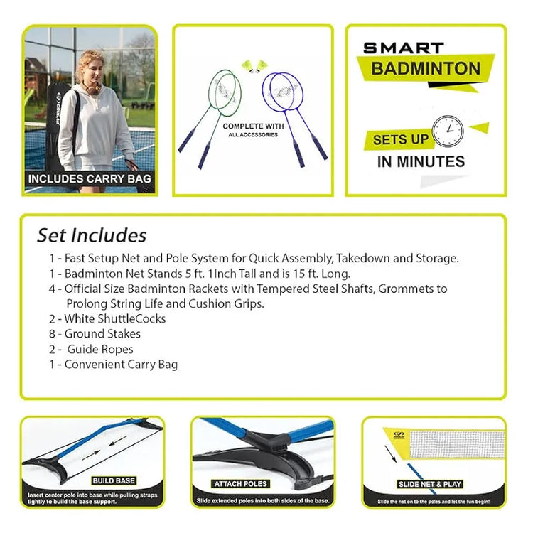 COUGAR Smart Badminton Net Set with 2 White Shuttlecocks & 4 Racket || Portable Adjustable Outdoor Foldable Stand Pole 