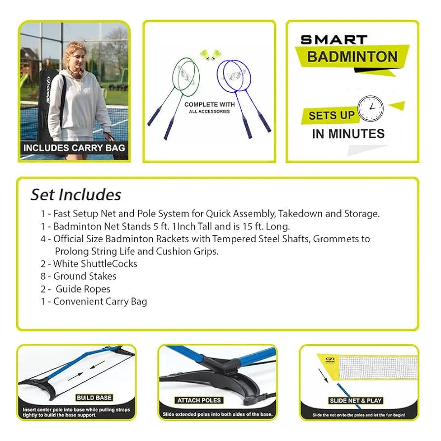 COUGAR Smart Badminton Net Set with 2 White Shuttlecocks & 4 Racket || Portable Adjustable Outdoor Foldable Stand Pole 