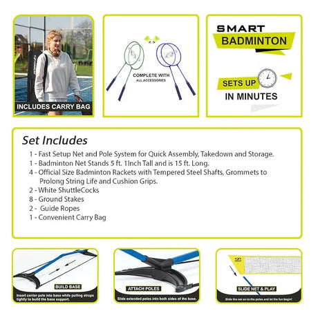 COUGAR Smart Badminton Net Set with 2 White Shuttlecocks & 4 Racket || Portable Adjustable Outdoor Foldable Stand Pole 