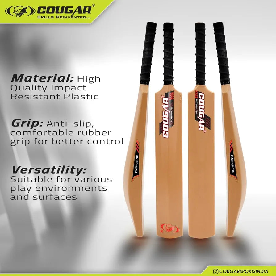 COUGAR Platinum‑750 Plastic Cricket Bat | 33.5" Standard Size | 500 g Weight, Durable PVC Blade | Rubber Grip, Plastic Handle, Brown | Ages 13+ Teens & Adults | Practice & Training