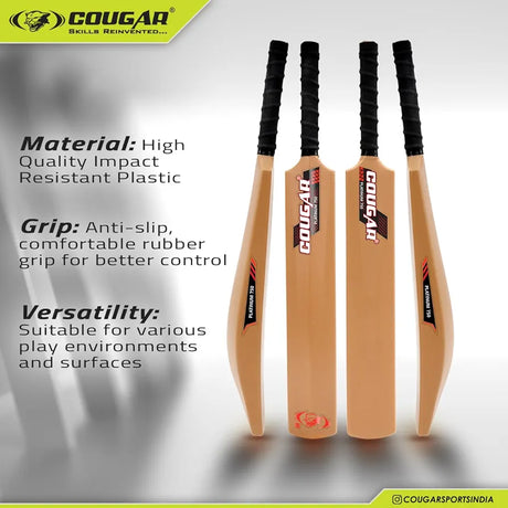 COUGAR Platinum‑750 Plastic Cricket Bat | 33.5" Standard Size | 500 g Weight, Durable PVC Blade | Rubber Grip, Plastic Handle, Brown | Ages 13+ Teens & Adults | Practice & Training