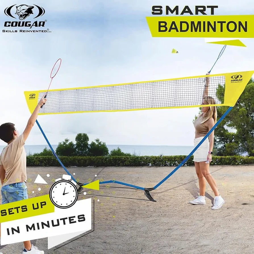 COUGAR Smart Badminton Net Set with 2 White Shuttlecocks & 4 Racket || Portable Adjustable Outdoor Foldable Stand Pole 