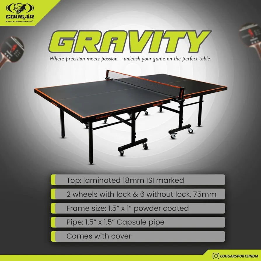 COUGAR  Gravity Table Tennis Table Black Top | Thickness 18Mm with Net Set, Table Cover, Features Quick Assembly and Play Back Mode