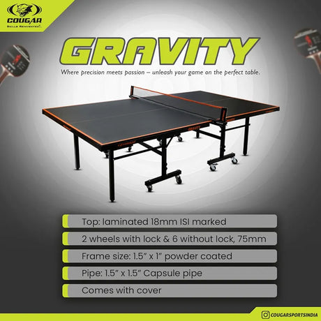 COUGAR  Gravity Table Tennis Table Black Top | Thickness 18Mm with Net Set, Table Cover, Features Quick Assembly and Play Back Mode