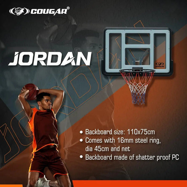 COUGAR Jordan Basketball Backboard 110x75 cm | Wall Mount Shatterproof Acrylic Board with 16mm Steel Ring 45 cm Dia and Net for Outdoor Court Practice and Home Use