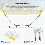 COUGAR Smart Badminton Net Set with 2 White Shuttlecocks & 4 Racket || Portable Adjustable Outdoor Foldable Stand Pole 