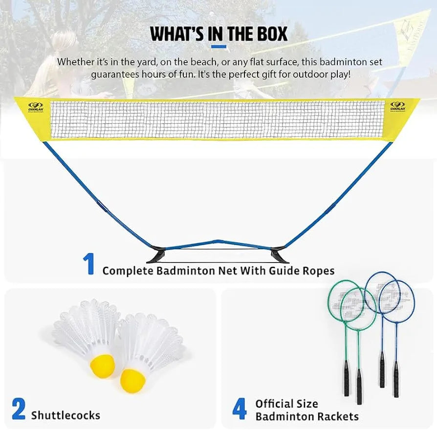 COUGAR Smart Badminton Net Set with 2 White Shuttlecocks & 4 Racket || Portable Adjustable Outdoor Foldable Stand Pole 