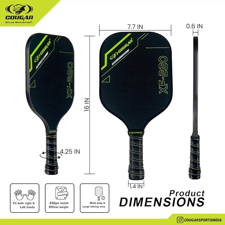 COUGAR Pickleball Paddle top grade Glass Fiber Surface Polypropylene Honeycomb Core, 15 mm Thickness, Premium Grip, 225g, 2 Pickle Ball & 2 Paddle, Cover Bag Outdoor Game Kit for Kids & Adults
