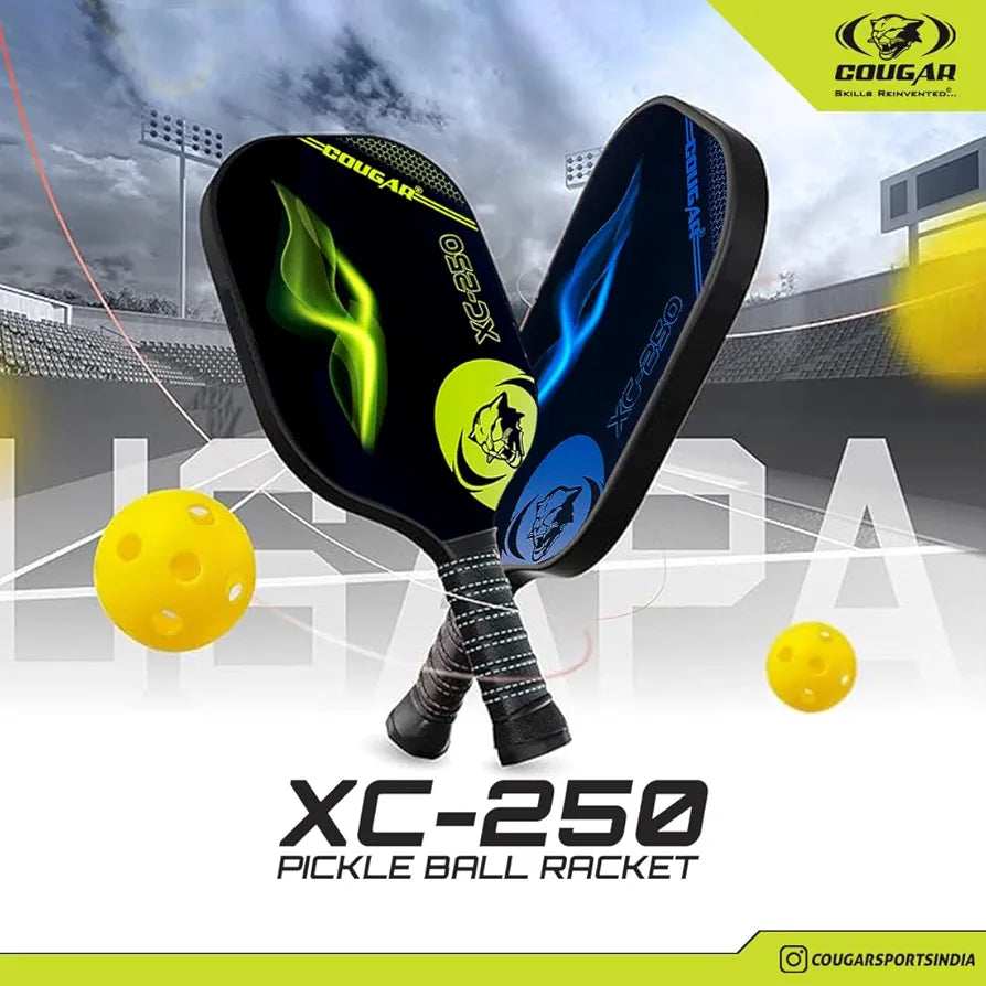 COUGAR Carbon Fibre Pickleball Paddle, Polypropylene Honeycomb Core, 19 mm Thickness, Premium Grip, 225g, 2 Paddle & 2 Performance Balls with Carry Bag