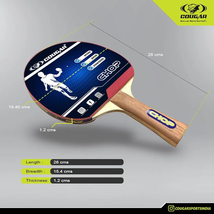COUGAR CHOP Table Tennis Racket with 1 Ball | Wooden Handle Paddle with High Grip Rubber | Control Spin Speed Play | Ideal for Beginner Practice Indoor Outdoor Ping Pong Game
