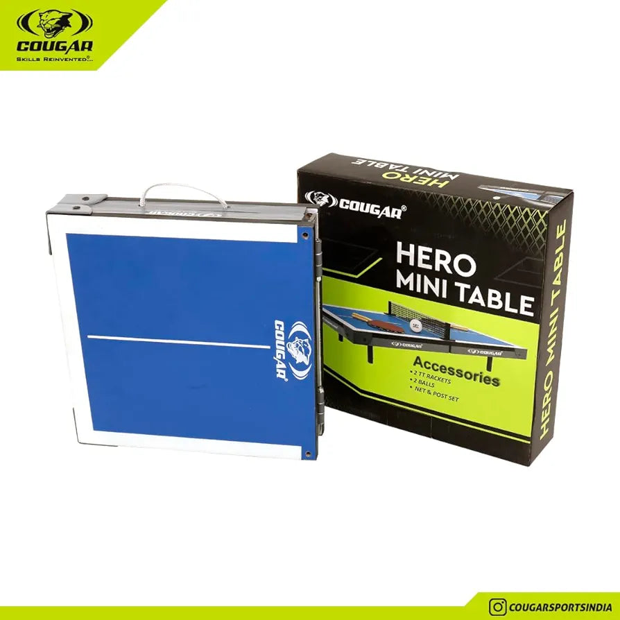 COUGAR Hero Mini Table Tennis Table | Indoor Ping Pong Mini Table for Kids Fun Play | Included - TT Rackets and Balls | Briefcase Size Foldable Design-Blue