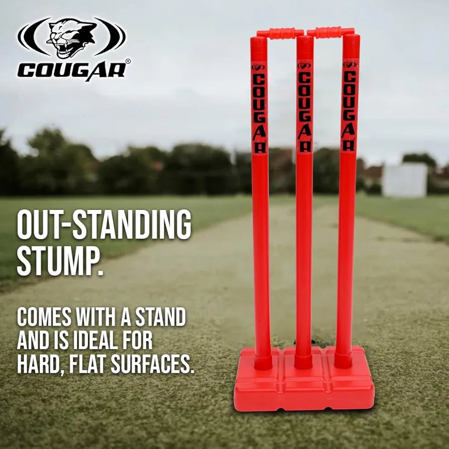 COUGAR Plastic Cricket Stumps Set - 3 Stumps 2 Bails 1 Stand  Cricket Standard Wickets for Cricket Ground, Match, Tournament Stump with Stand & Bails
