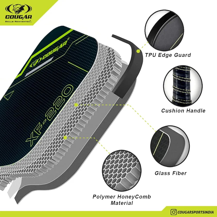 COUGAR Pickleball Paddle top grade Glass Fiber Surface Polypropylene Honeycomb Core, 15 mm Thickness, Premium Grip, 225g, 2 Pickle Ball & 2 Paddle, Cover Bag Outdoor Game Kit for Kids & Adults