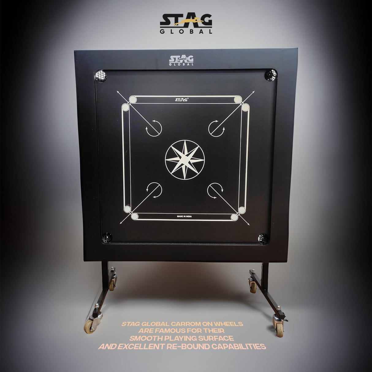 STAG GLOBAL Professional Black  Carrom Board on Wheels | 9 Neon Green & 9 Orange Coins Striker