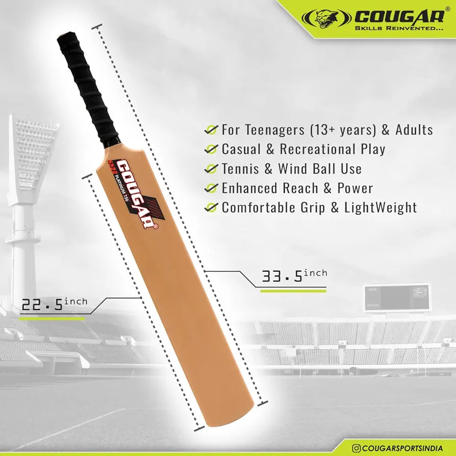 COUGAR Platinum‑750 Plastic Cricket Bat | 33.5" Standard Size | 500 g Weight, Durable PVC Blade | Rubber Grip, Plastic Handle, Brown | Ages 13+ Teens & Adults | Practice & Training