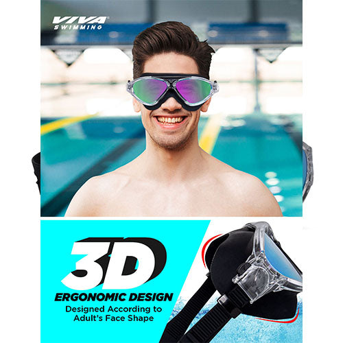 Viva Swimming Unicorn Professional Play Swimming Goggles|Anti-Fog, UV Protection|One Piece With Mirror Lens for Men & Women|Branded Case Packing