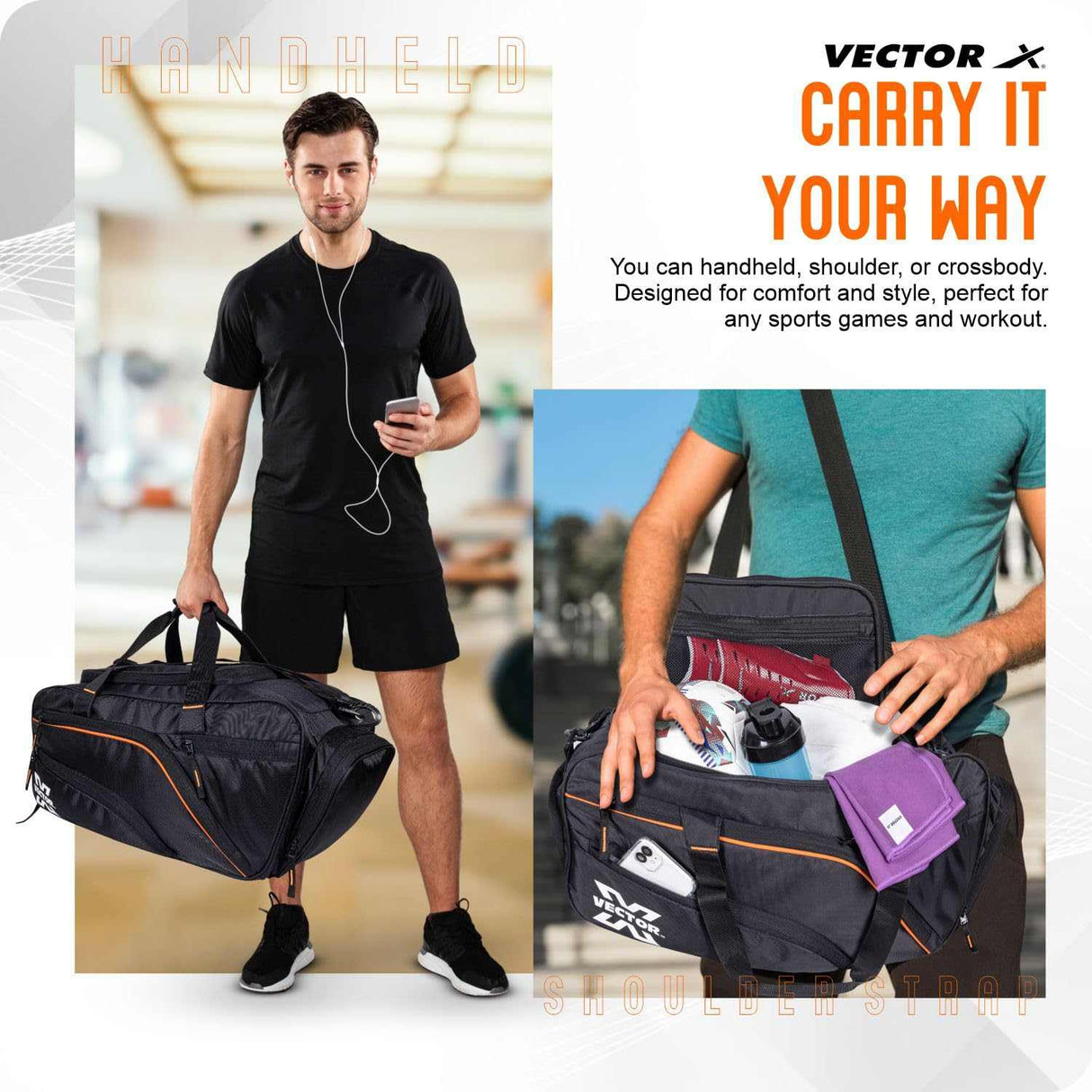 Vector X Titan Holdall Multi-Purpose Sports, Fitness Gym Kit Bag, 7 Spacious Compartments - Luggage Bag - Large Capacity Stylish/Lightweight Bag Black (25 * 25 * 56) cm