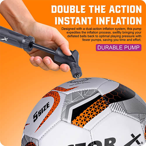 Vector X Double Action Ball Pump with Needle, Air Pump for Inflate Sports Football, Volleyball, Basketball, Rugby, Soccer Ball, Rugby|Pump Air Flow Capacity - 8.25 L/Min (Black)