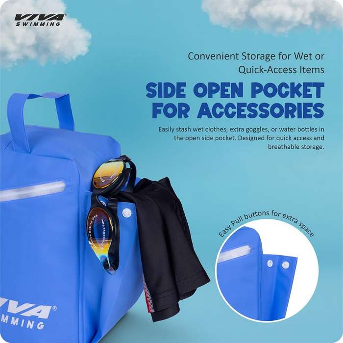Viva Swimming SEA-Hoax Unisex Spacious Main Compartment kit Bag for Carrying Swimming Accessories Like Goggle, Cap, Kickboard+Extra 1 Side Pocket|Lightweight, Waterproof, Durable