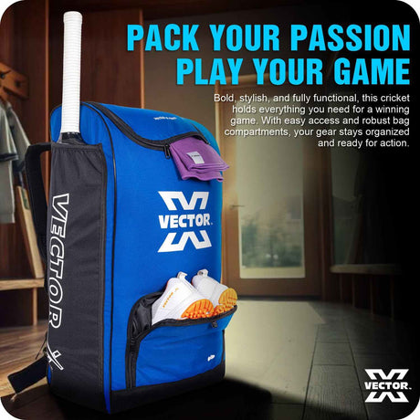 Vector X Greenfield 60 LTR. PU Polyester Cricket Backpack Senior Kit Bag Without Wheel|1 Pocket for Bat|Shoe & Accessories Pockets |1 Water Bottle Holders|Lightweight |Dual Opening (Blue - Black)