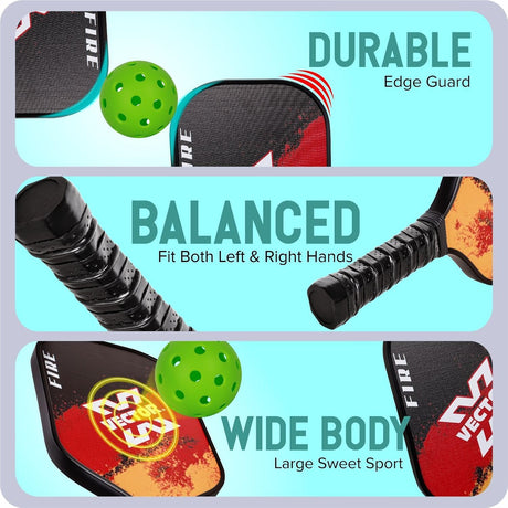 Vector X FIRE Pickle Bat, Lightweight Carbon Fiber Material, Face Honeycomb Composite Core Paddle Low Edge Guard, Durable, Lightweight Pickleball Racket (1 Racket+ 2 Pickle Ball+Carry Bag)