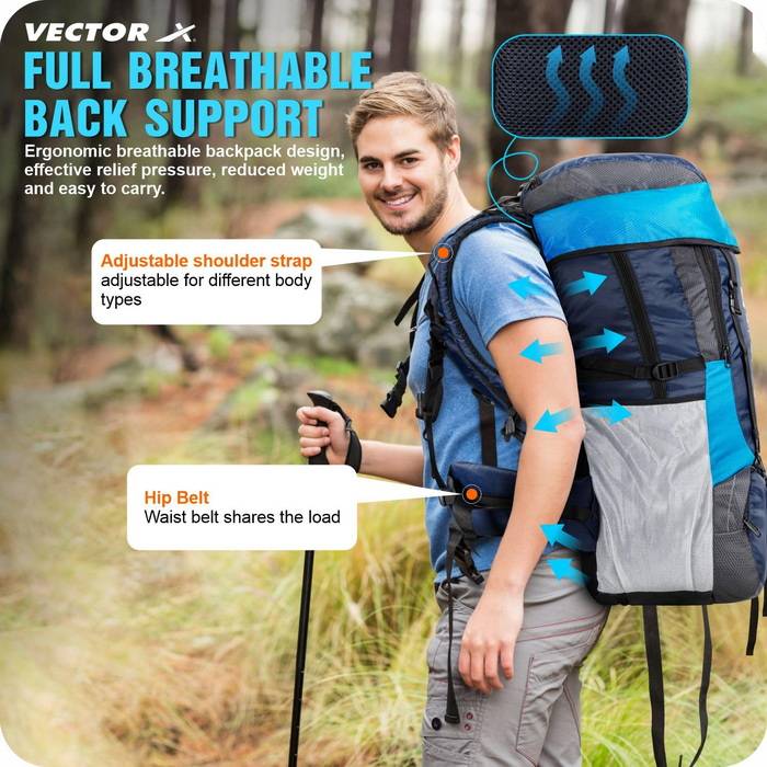 Vector X 55 L Backpack Waterproof Trekking Hiking Camping Travel Outdoor Luggage Bag with Rain Cover