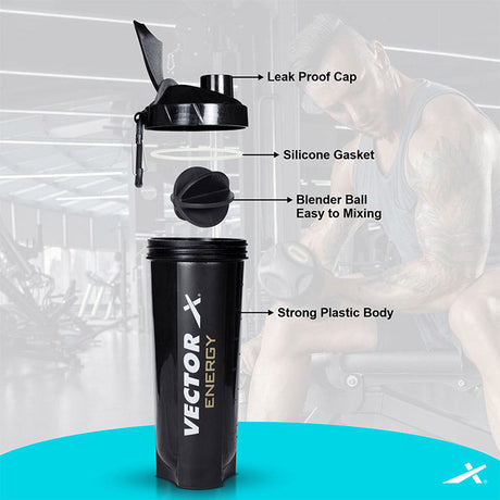 Vector X Plastic Gym Energy Shaker Bottle, Leakproof Guarantee Sipper Bottle Ideal for Protein, Preworkout and Bcaas, BPA-Free Material (Black),600 ml