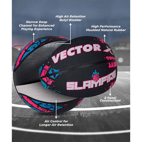 Vector X Slamfire 8 Panel Rubber Moulded Basketball|Size 7 Match Ball|Suitable for Practice Games & Training|Indoor Outdoor|Ideal for Kids, Youth & Adults|Suitable for All Surfaces (Black)