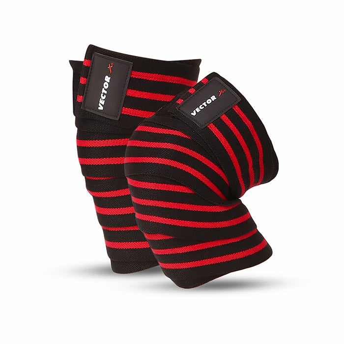 Vector X Knee Wraps/Knee Stabilizer/Knee Bands/Knee Support Compression Straps Set for Weightlifting, Gym Workout, Sports, Squats, Crossfit, Powerlifting, Deadlifts and Heavy Lifting |Washable Fabric- Men and Women  (2 Meters Length, 1 Pair) Black-Red