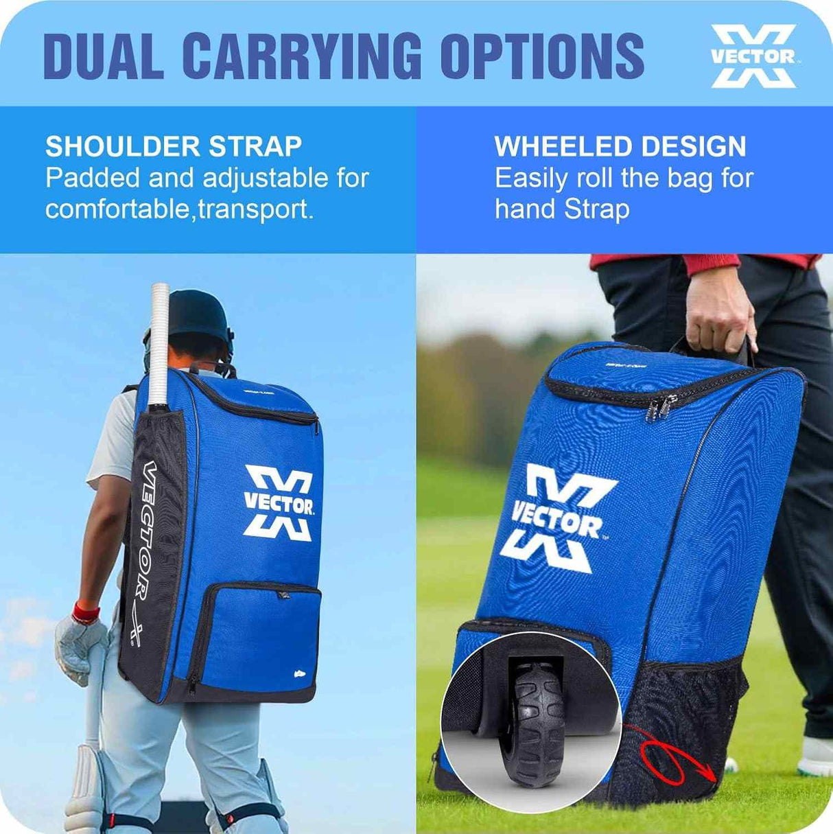Vector X Greenfield Pro 60 Ltr. PU Polyester Cricket Backpack Senior Kit With Wheel Trolley Bag|1 Pocket for Bat|Shoe & Accessories Pockets|1 Water Bottle Holders|Lightweight|Dual Opening (Blue-Black)