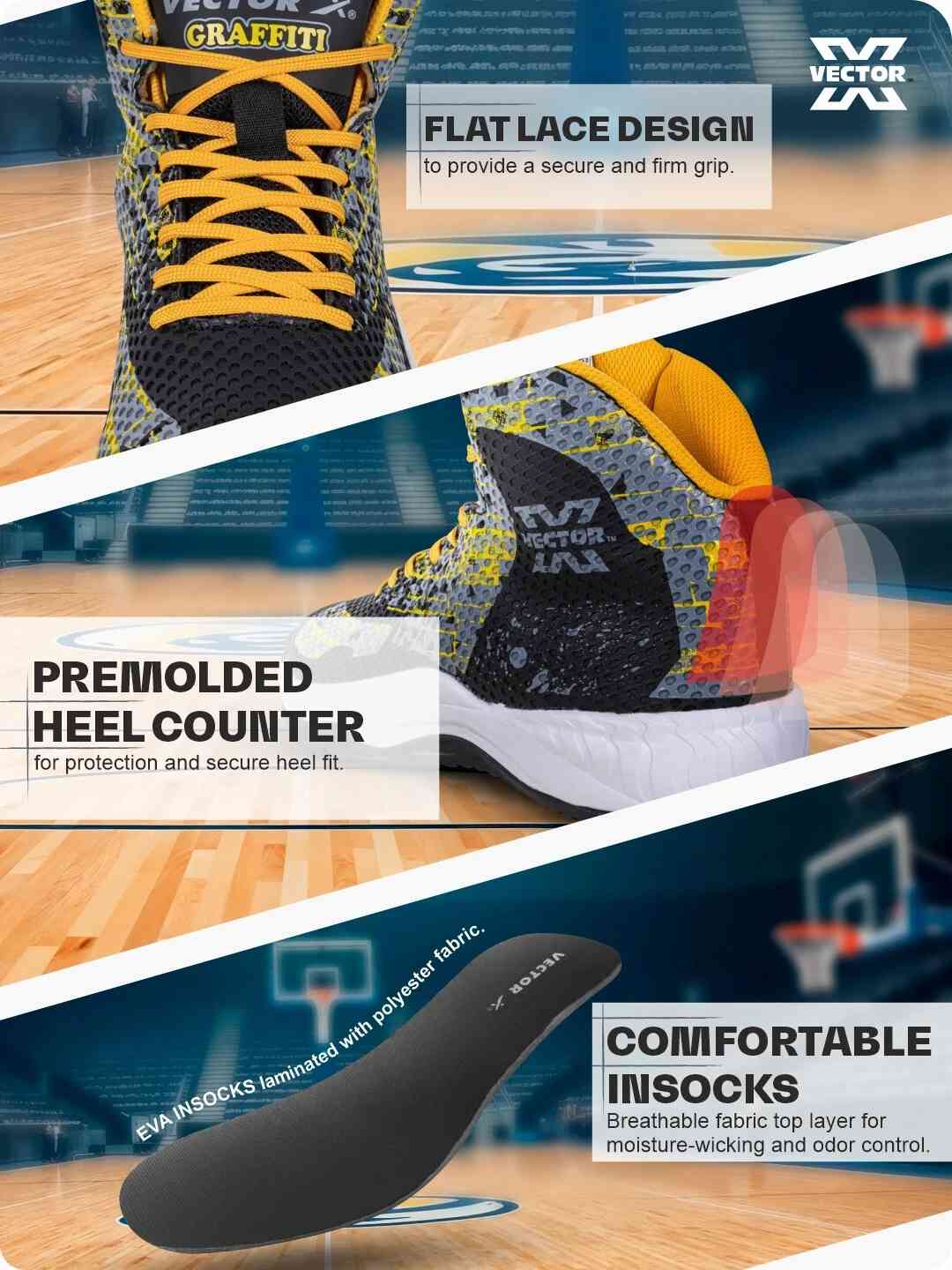 Vector X Graffiti 3D Texture TPU Fusing|Eva Phylon Rubber Sole Stylish & Comfortable High Ankle Court Shoe Best for Squash Table Tennis Volleyball Indoor & Outdoor Sports Lace Up Sneakers for Men