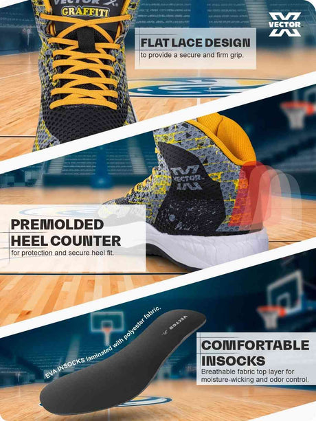 Vector X Graffiti 3D Texture TPU Fusing|Eva Phylon Rubber Sole Stylish & Comfortable High Ankle Court Shoe Best for Squash Table Tennis Volleyball Indoor & Outdoor Sports Lace Up Sneakers for Men