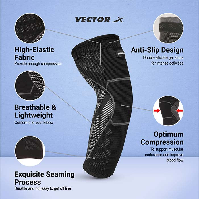 Vector X Elbow Support with Anti Slip for Gym Elbow Band for Pain Relief Tennis Elbow Band for Men & Women Tennis Elbow Support for Badminton Cricket & Sports Elbow Sleeves/Elbow Guard