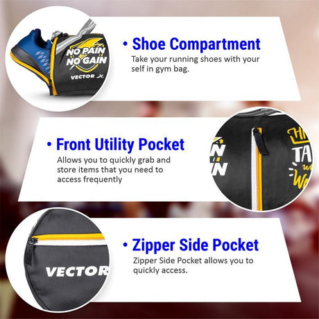 Vector X No Pain Gym Duffel 22L Sports Bag for Men and Women with Shoes Compartment Polyester | Front Utility Pocket |Durable Base | Adjustable Shoulder Strap