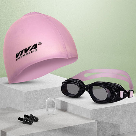Viva Swimming Combo 614 Senior Kit- Swim Goggles, Caps and Ear plug Combo Set With Case Set- Silicone Non-Slip Material, Anti-Fog, UV Protection For Adults, Boys, Men